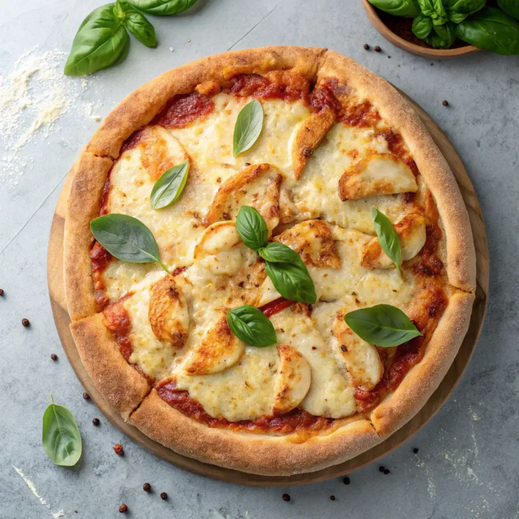 A freshly baked pizza with golden chicken crust topped with cheese and basil.