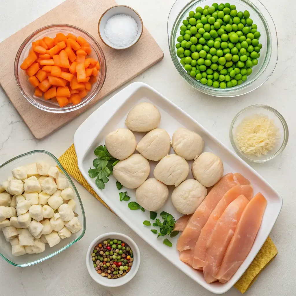 All ingredients of Chicken and Dumpling Casserole
