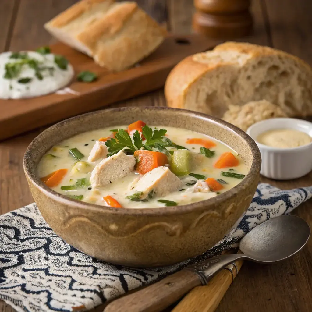 A hearty bowl of creamy chicken vegetable soup with fresh garnishes on a wooden table.