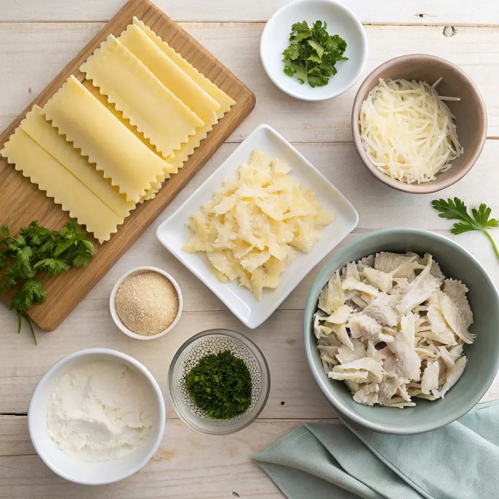Ingredients for Chicken Alfredo Lasagna Rolls on a wooden table