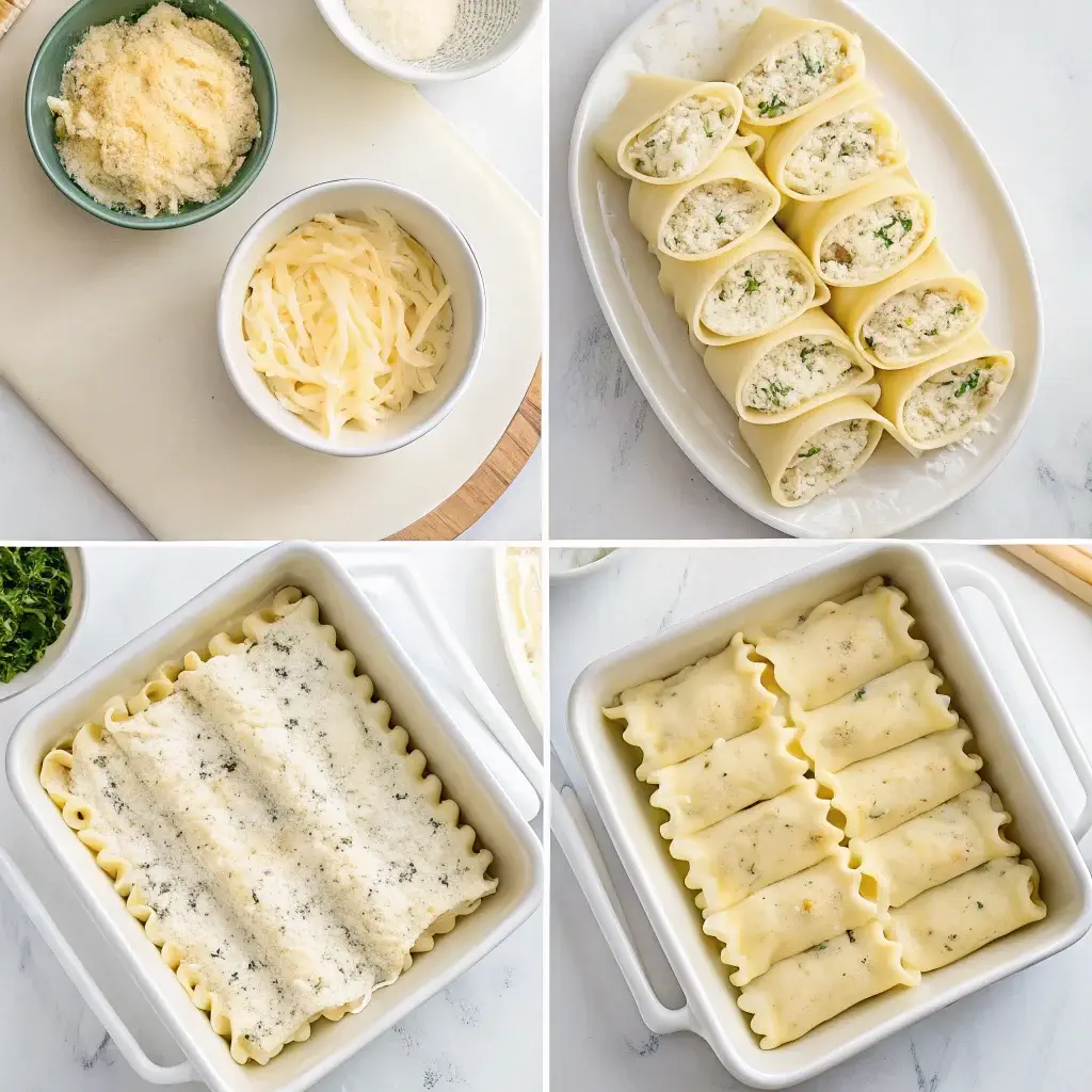 Step-by-step assembly of Chicken Alfredo Lasagna Rolls