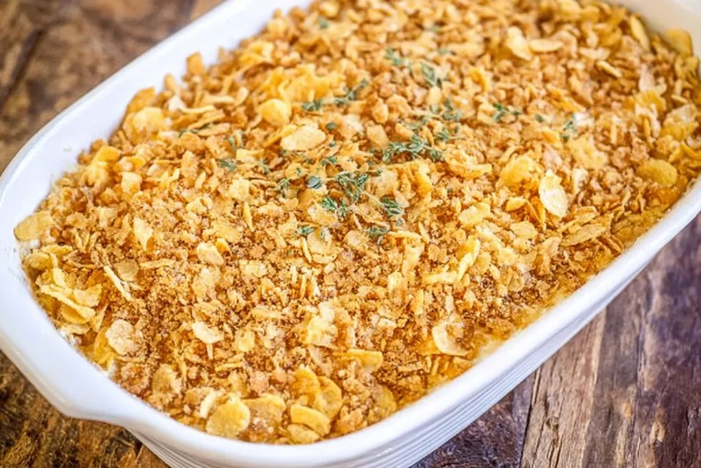 Baked Million Dollar Chicken Casserole in a white dish with a golden buttery Ritz cracker topping and herbs.