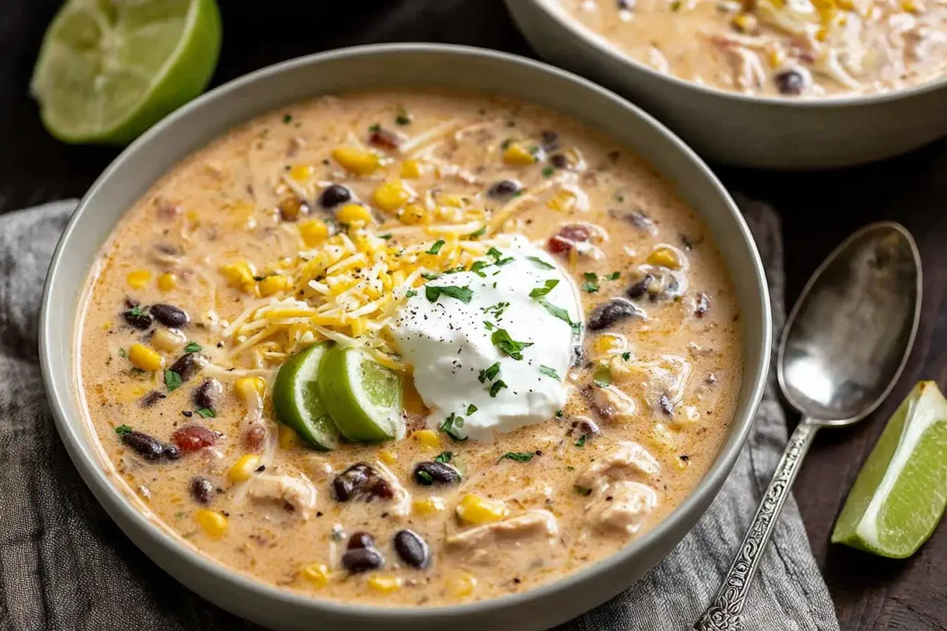 Bowl of Creamy Chicken Taco Soup topped with shredded cheese, sour cream, lime slices, corn, beans, and herbs.