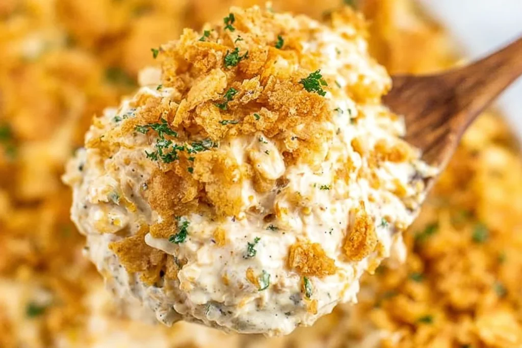 Million Dollar Chicken Casserole on a spoon with creamy chicken filling, buttery Ritz cracker topping, and a sprinkle of parsley.