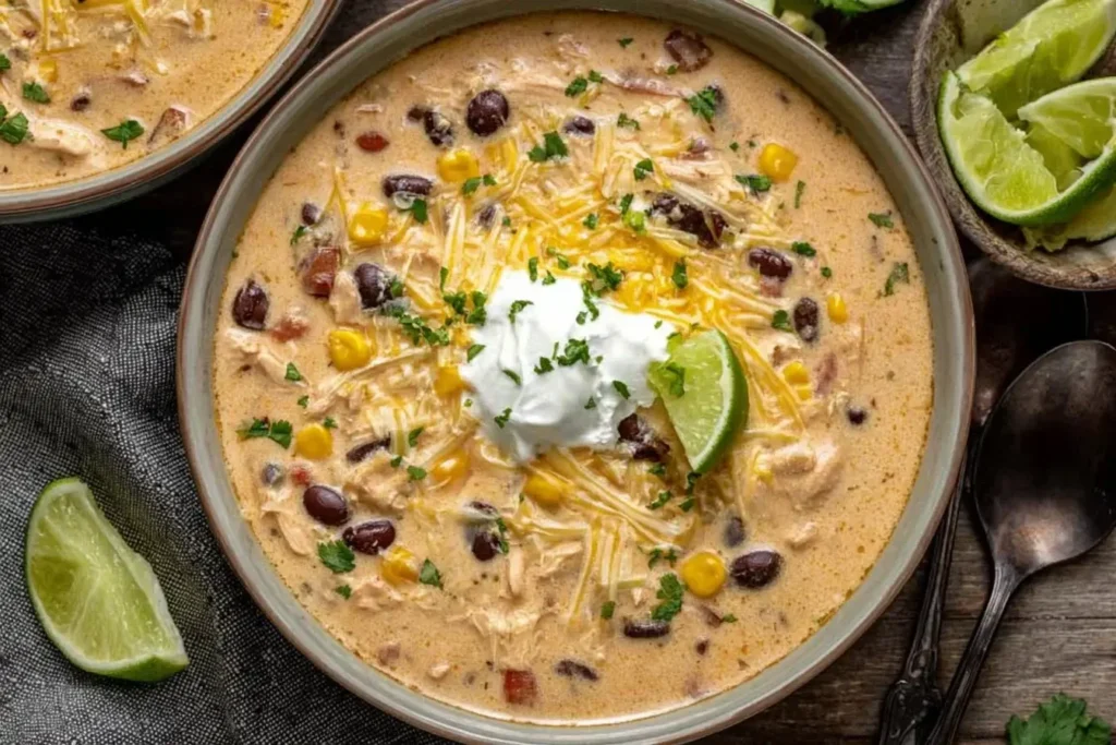 Creamy Chicken Taco Soup in a bowl topped with sour cream, cheese, corn, black beans, and lime, showcasing a rich and comforting texture.