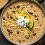 Creamy Chicken Taco Soup in a bowl topped with sour cream, cheese, corn, black beans, and lime, showcasing a rich and comforting texture.