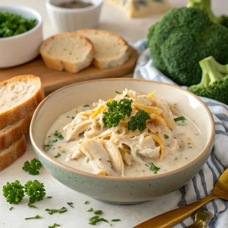 Creamy ranch slow cooker chicken served with mashed potatoes and broccoli on a wooden table.