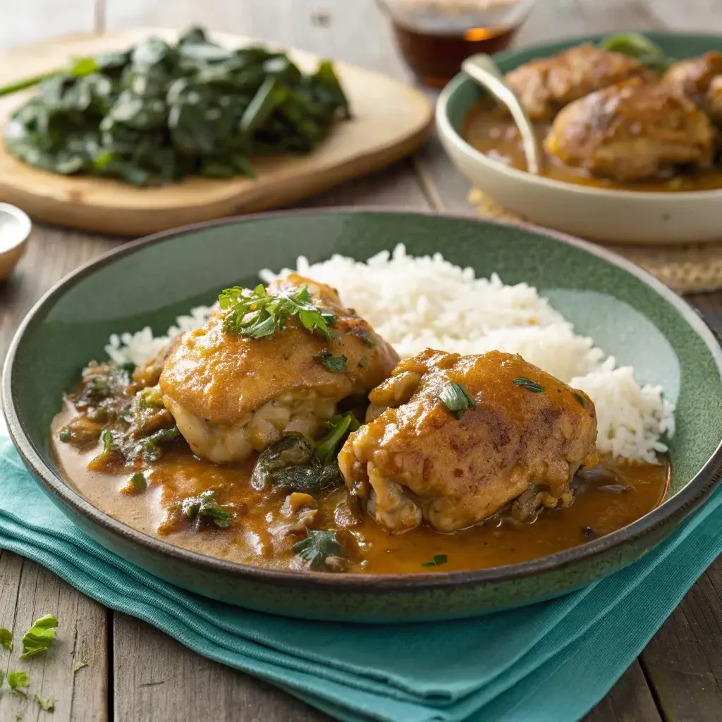 Delicious smothered chicken thighs served on a wooden plate with rice and collard greens.