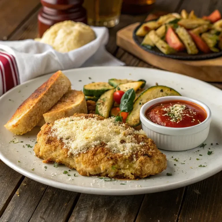 Golden crispy Longhorn Steakhouse Parmesan Chicken served with marinara sauce, garlic bread, and roasted veggies