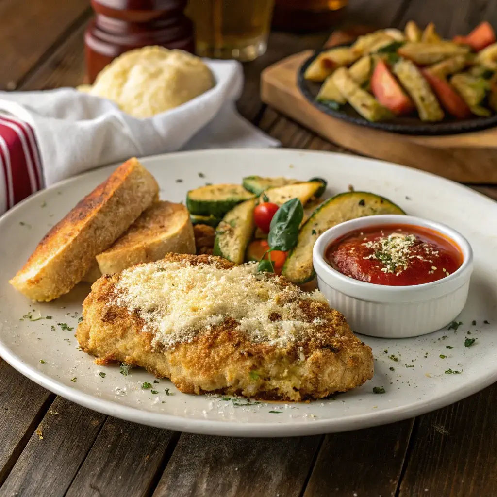 Golden crispy Longhorn Steakhouse Parmesan Chicken served with marinara sauce, garlic bread, and roasted veggies