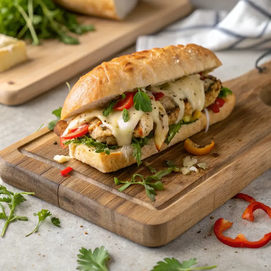 Delicious Chicken Philly Sandwich with Melted Cheese and Fresh Vegetables