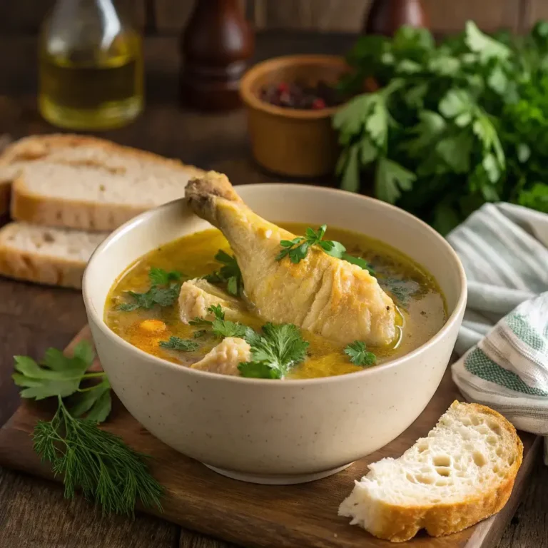 A bowl of comforting chicken drumstick soup with fresh herbs and crusty bread