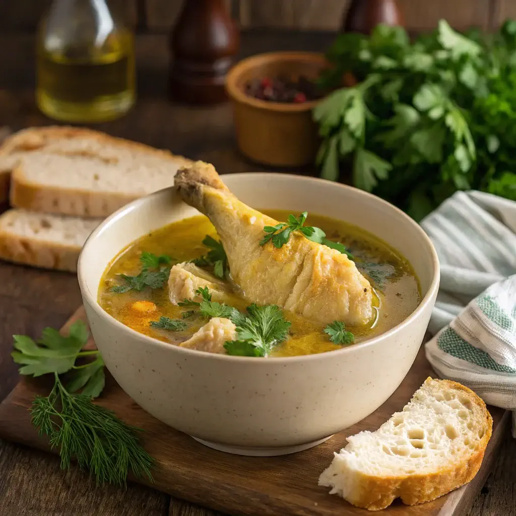 A bowl of comforting chicken drumstick soup with fresh herbs and crusty bread