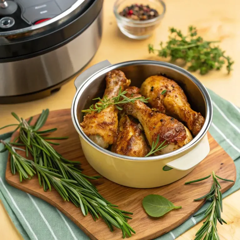 Perfectly cooked chicken drumsticks in Instant Pot with fresh herbs.