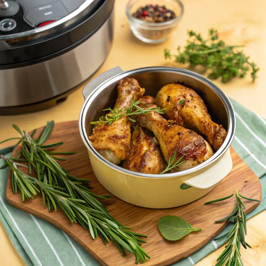 Perfectly cooked chicken drumsticks in Instant Pot with fresh herbs.