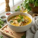 bowl of homemade chicken neck soup Georgi Dinkov with fresh herbs and vegetables.