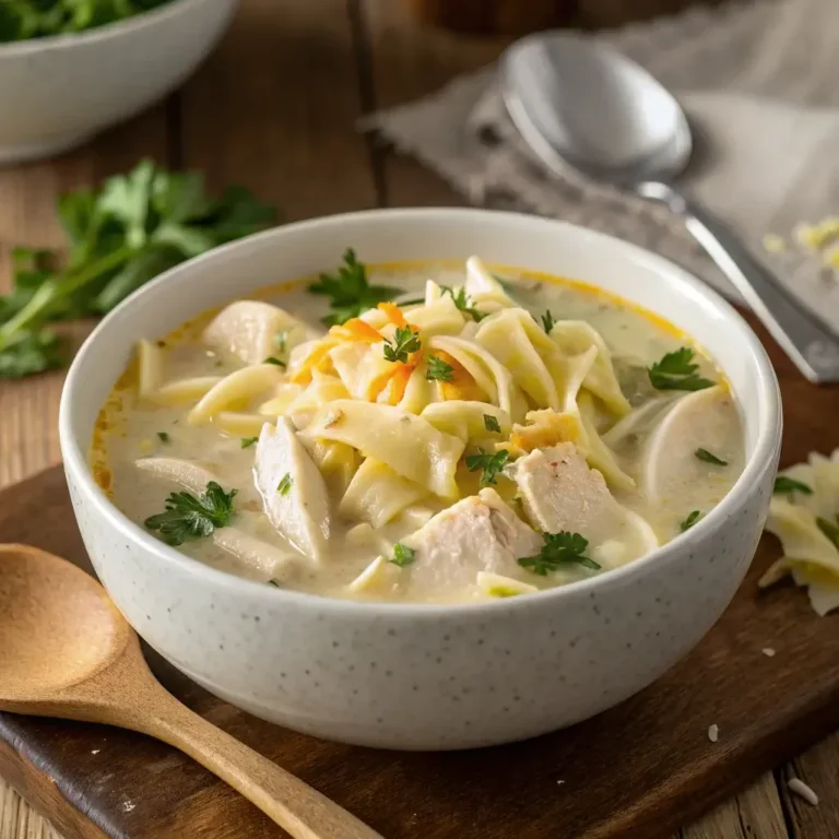 bowl of crack chicken noodle soup with parsley and cheese garnish on a wooden table."
