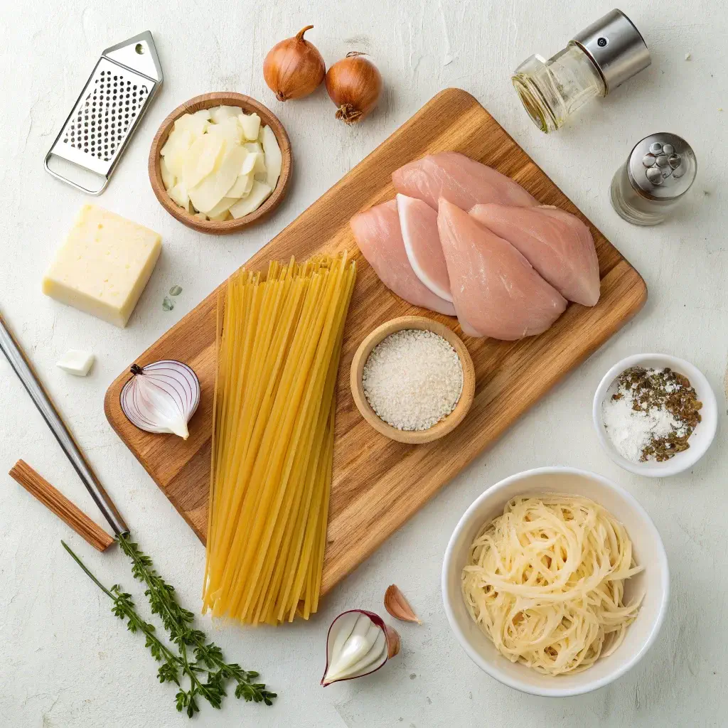 A wooden cutting board filled with fresh ingredients for creamy chicken spaghetti, including chicken breast slices, spaghetti, garlic cloves, onions, heavy cream, and grated Parmesan cheese.