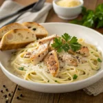 A plate of creamy chicken spaghetti with tender pieces of chicken, al dente pasta, and a rich, velvety sauce, garnished with fresh parsley.