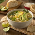 bowl of green enchilada chicken soup with shredded cheese, avocado slices, and crushed tortilla chips on top, served alongside a crusty bread roll.