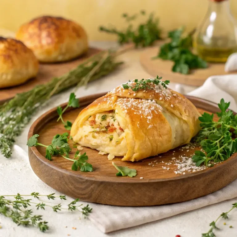 A beautifully baked chicken pastry with flaky crust, garnished with fresh herbs and spices
