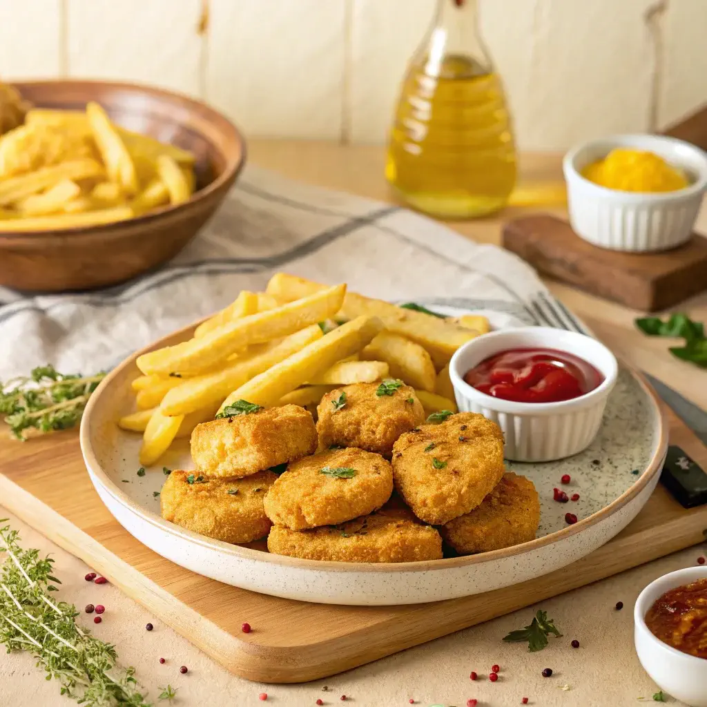A plate of golden chicken nuggets and crispy fries served with various dipping sauces on a rustic wooden table.