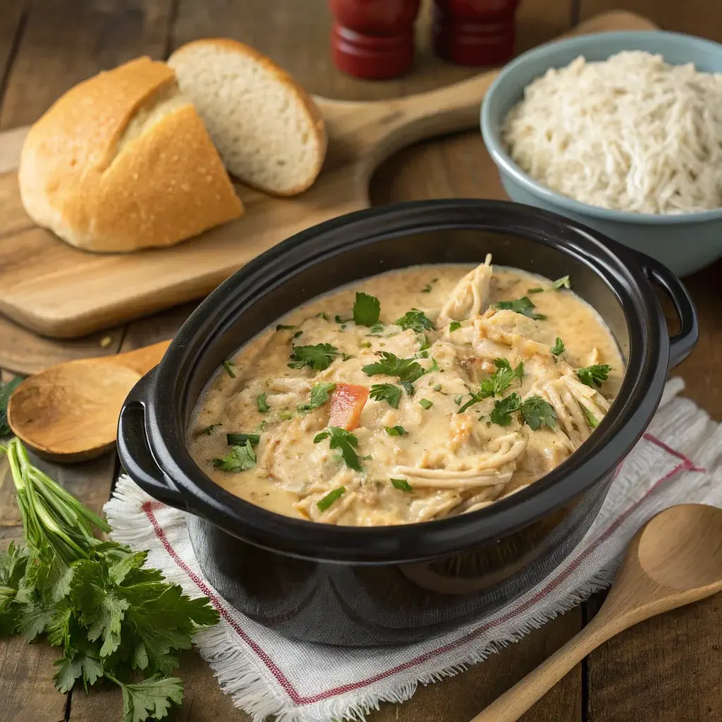 Tender ranch chicken crock pot with creamy sauce and fresh herbs.