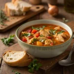 A delicious bowl of cajun chicken soup with tender chicken, colorful veggies, and fresh herbs, served alongside crusty bread.