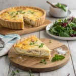 A beautifully baked chicken quiche with a golden crust, served alongside fresh herbs and a green salad.