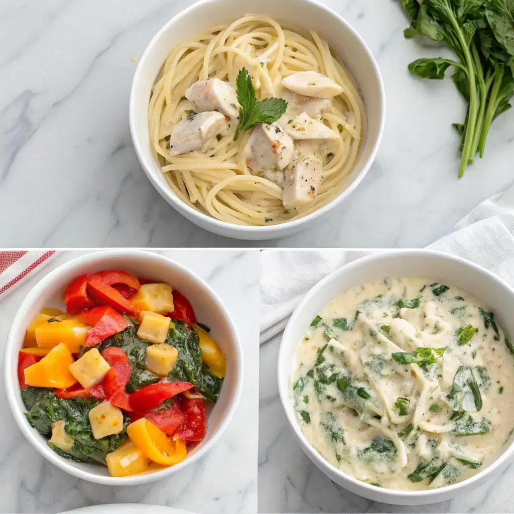 Three bowls of creamy chicken spaghetti with unique twists—adding spinach, using penne pasta, and incorporating diced bell peppers for added color and nutrition.