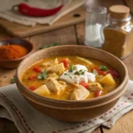 A bowl of authentic Hungarian chicken paprikash soup with paprika, sour cream, and fresh herbs"