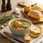 A bowl of flavorful chicken leg soup with tender chicken legs, vibrant vegetables, and aromatic herbs.