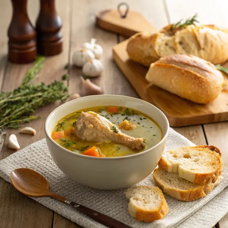 A bowl of flavorful chicken leg soup with tender chicken legs, vibrant vegetables, and aromatic herbs.