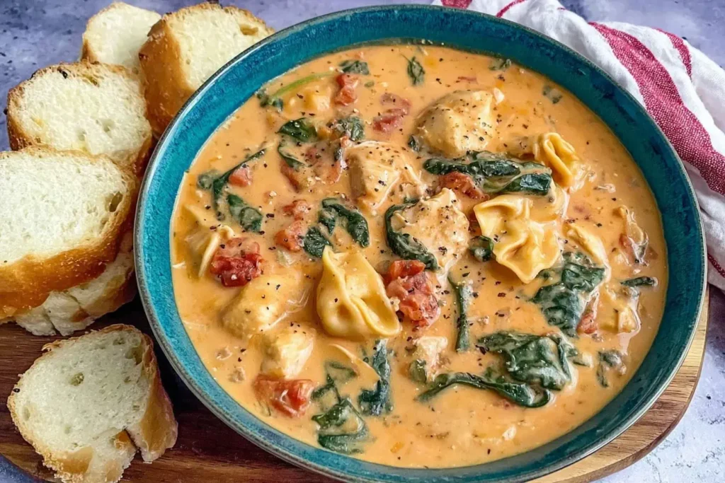 Creamy Marry Me Chicken Soup in a teal bowl with spinach, tortellini, and chunks of chicken, served with crusty bread slices.