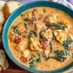 Creamy Marry Me Chicken Soup in a teal bowl with spinach, tortellini, and chunks of chicken, served with crusty bread slices.