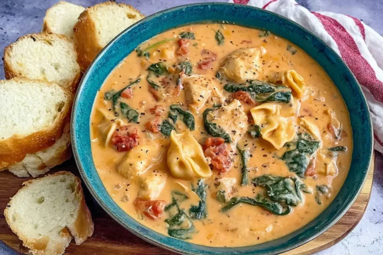 Creamy Marry Me Chicken Soup in a teal bowl with spinach, tortellini, and chunks of chicken, served with crusty bread slices.