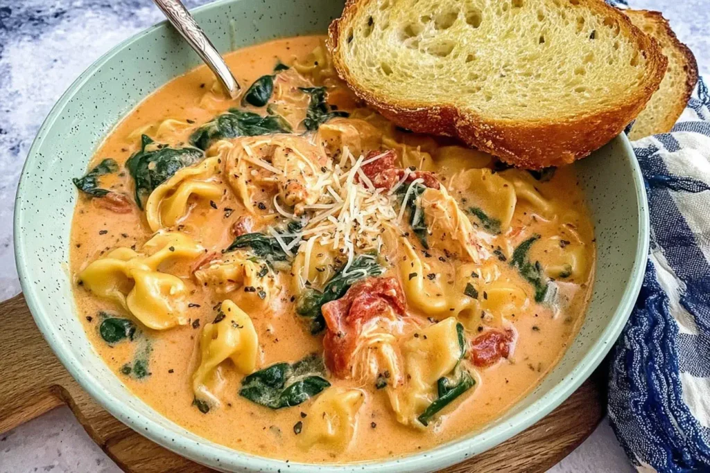 Bowl of creamy Marry Me Chicken Soup with tortellini, spinach, sun-dried tomatoes, and shredded chicken, served with toasted bread.