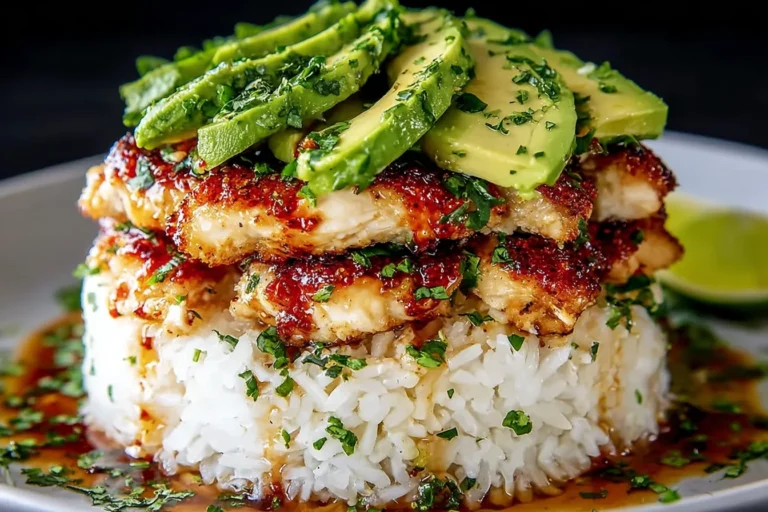 Honey Lime Chicken and Avocado Rice Stack topped with sliced avocado, glazed chicken, and white rice with herbs