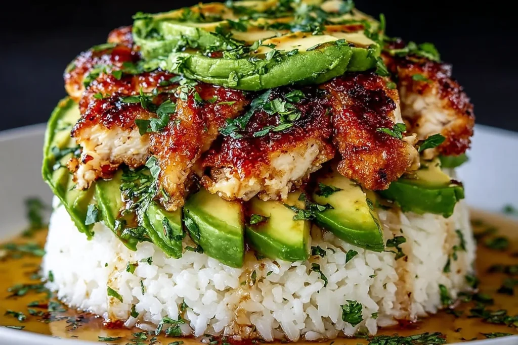 Honey Lime Chicken and Avocado Rice Stack with crispy glazed chicken, creamy avocado slices, and herb-seasoned white rice