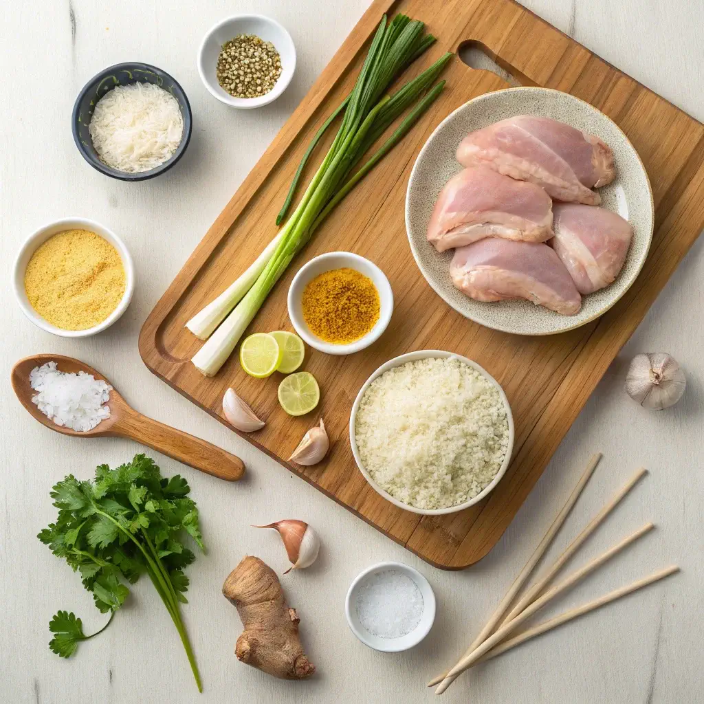 All the essential ingredients for making chicken pastil recipe laid out on a wooden board.