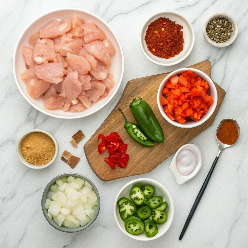 Fresh ingredients for red chicken chili recipe laid out in a clean, organized flat-lay style