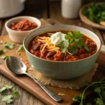 A bowl of red chicken chili recipe garnished with cilantro, cheese, and sour cream, set against a cozy rustic backdrop.
