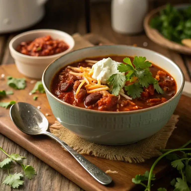 A bowl of red chicken chili recipe garnished with cilantro, cheese, and sour cream, set against a cozy rustic backdrop.
