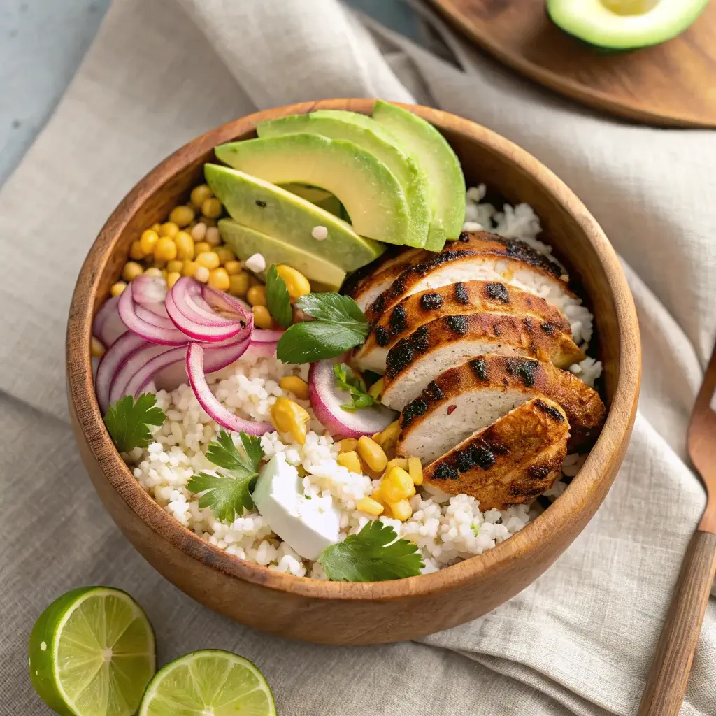 Street corn chicken rice bowl with grilled chicken, charred corn, avocado, and cotija cheese on a bed of rice