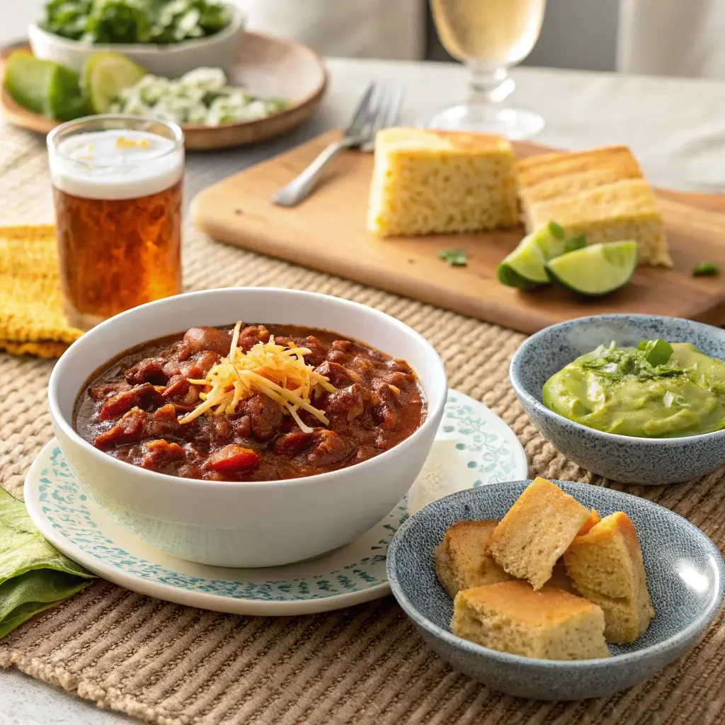 Delicious pairings for red chicken chili recipe , including cornbread and salad .