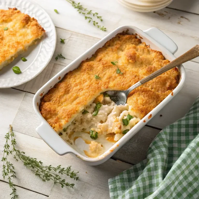 Homemade Ritz Cracker Chicken Casserole recipe with golden buttery topping being served from ceramic baking dish