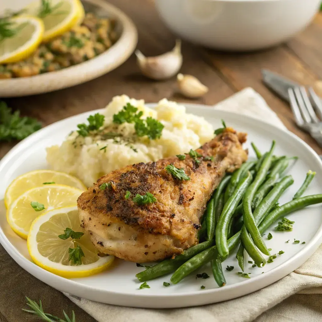 Juicy Texas Roadhouse herb crusted chicken recipe with crispy golden crust, mashed potatoes, and green beans on a rustic table.