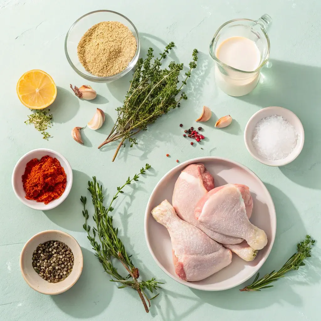 Fresh ingredients for Texas Roadhouse herb crusted chicken recipe : spices, buttermilk, and chicken thighs.