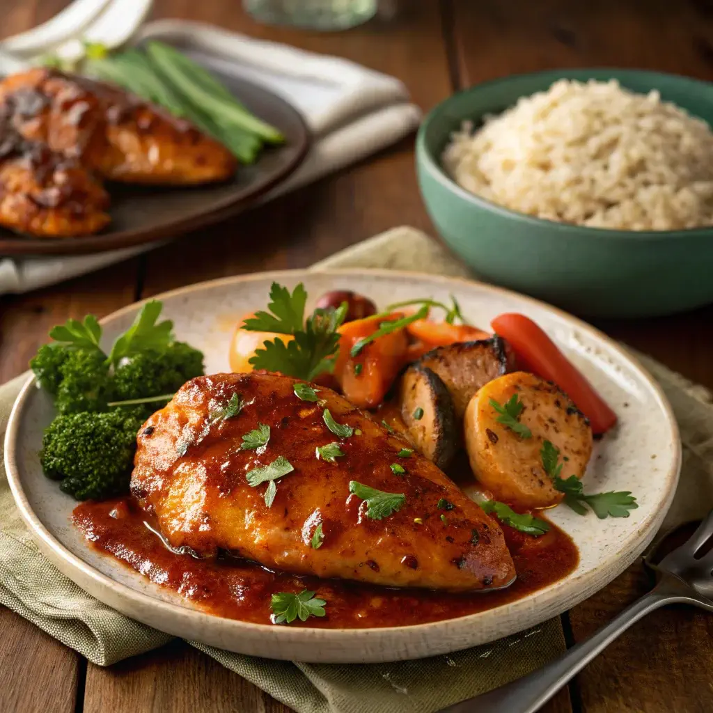 Delicious Catalina Chicken served with rice and vegetables on a wooden table.