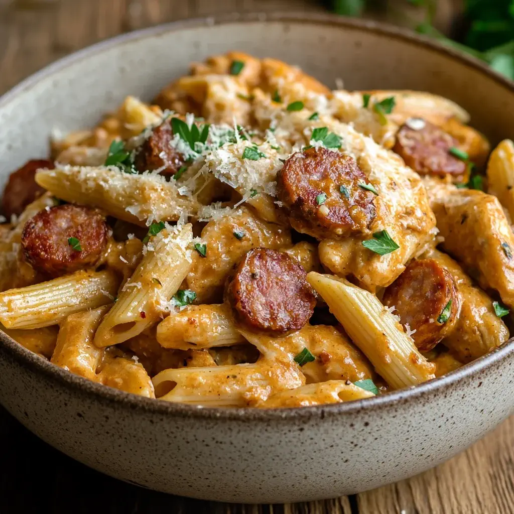 A bowl of chessyCajun chicken and sausage pasta garnished with parsley and Parmesan, served on a wooden table
